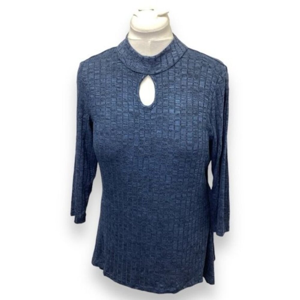 NY Collection 3/4 Sleeve Cutout Front Back Button Closure Mock Neck Sweater